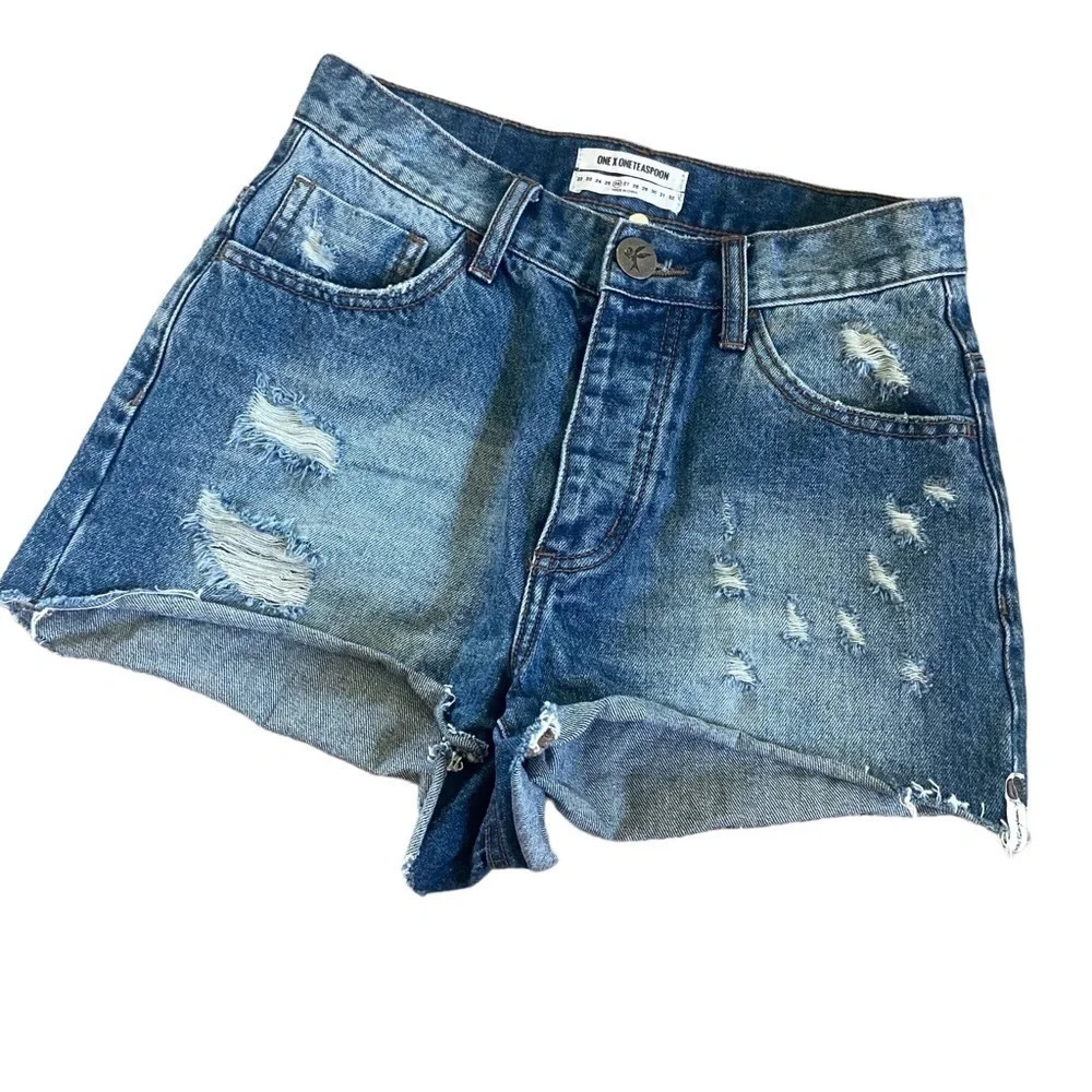 One Teaspoon Bonita High Waist Raw Hem Denim Short Sz 26 Lucky Blue